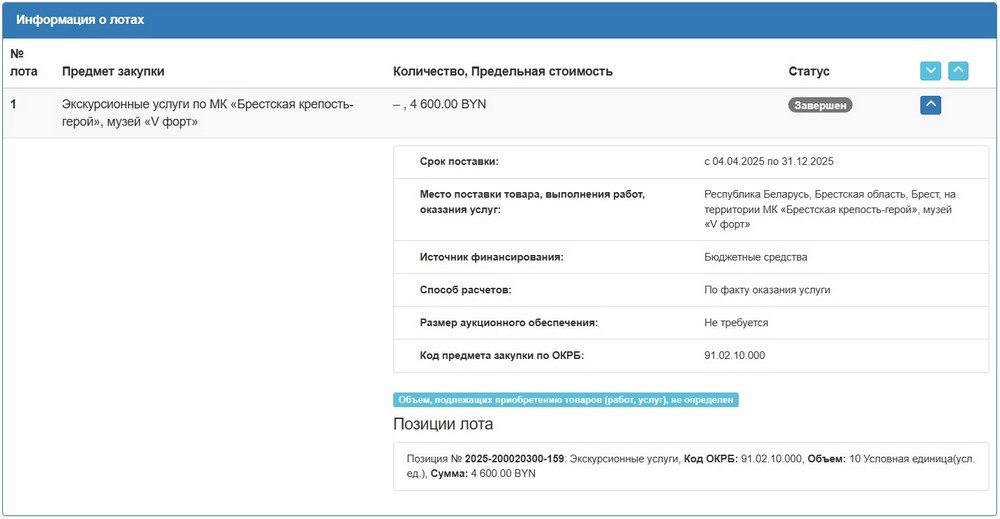 Тендер Брестского горисполкома на экскурсии в Брестской крепости. Скриншот сайта госзакупок
