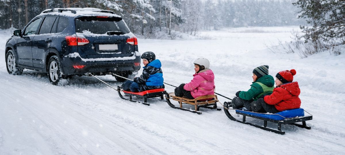 Снег, сани, дети, машина